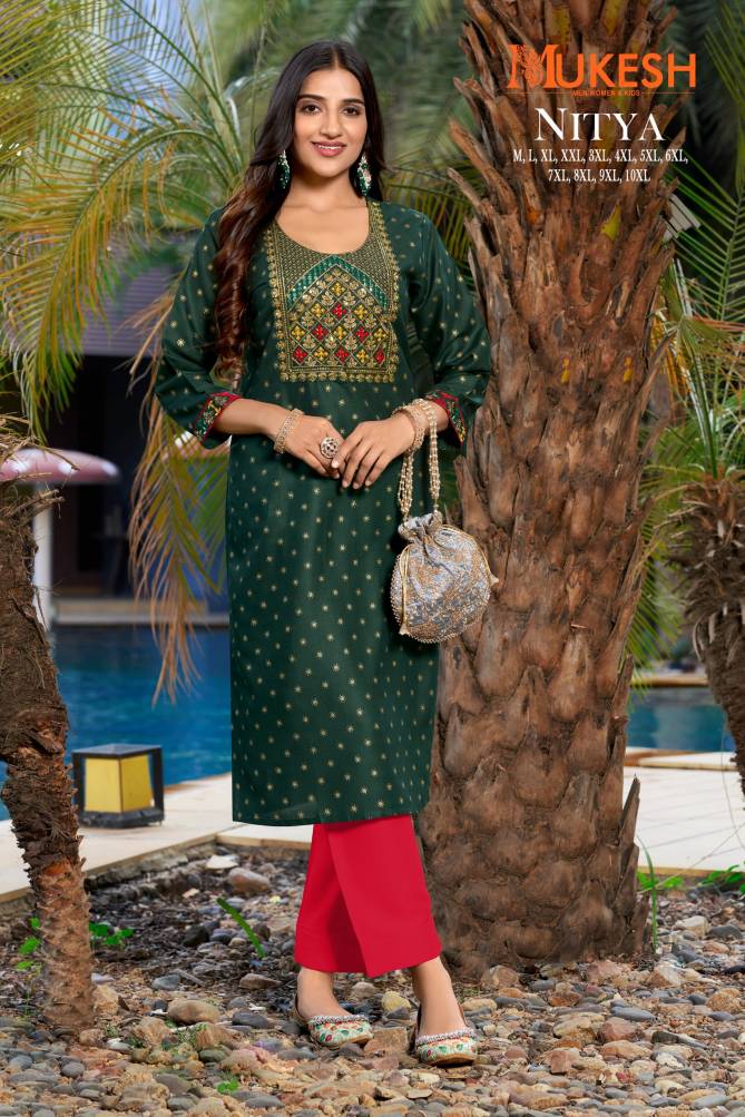 Nitya By Banwery Rayon Embroidery Gold Printed Plus Size Kurtis Wholesale Shop In Surat